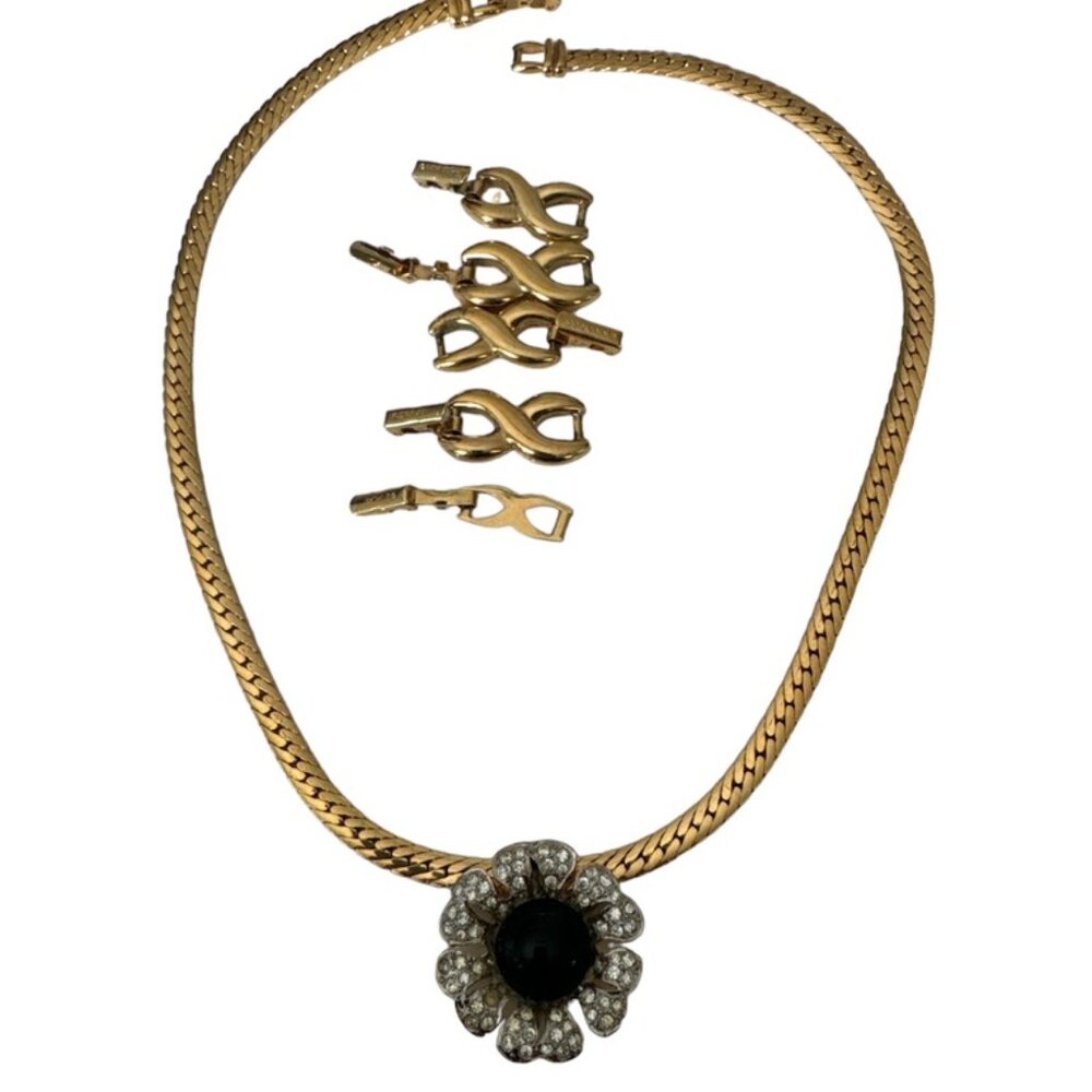 Vtg Necklace Nina Ricci D'Orland Triple Gold Plated Extensions Flower Pave 21"